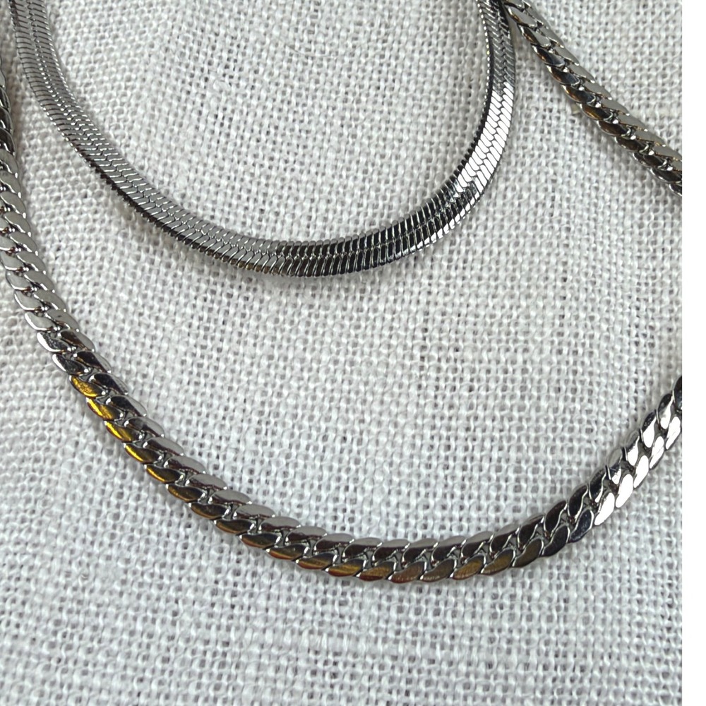 Bellaucci Silver Tone Double Layer Herringbone Snake and Curb Chain Necklace